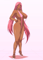 Rule 34 | 00s, 1girl, alternate costume, bare arms, bare legs, bare shoulders, bikini, blush, breasts, center opening, cleavage, curvy, dark-skinned female, dark skin, donson, embarrassed, eyebrows, feet, female focus, from side, full body, groin, hand on own hip, high heels, highres, hip focus, huge breasts, ingrid (taimanin asagi), ingrid (taimanin murasaki), legs, lipstick, long hair, looking at viewer, low twintails, makeup, mole, mole under mouth, navel, pink bikini, purple lips, sandals, shadow, shiny skin, sideboob, simple background, slingshot swimsuit, solo, standing, stomach, strap gap, sweatdrop, swimsuit, taimanin (series), taimanin asagi, taimanin murasaki, thick eyebrows, thick thighs, thighs, tile floor, tiles, twintails, very long hair, yellow eyes