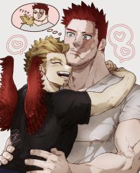Rule 34 | 2boys, bara, beard, black shirt, blonde hair, blue eyes, blush, boku no hero academia, endeavor (boku no hero academia), facial hair, hawks (boku no hero academia), heads together, highres, hug, large pectorals, long sideburns, mahoubin (totemo hot dayo), male focus, mature male, multiple boys, muscular, muscular male, pectorals, red hair, red wings, scar, scar across eye, scar on face, shirt, sideburns, spiked hair, stubble, thought bubble, upper body, white shirt, wings, yaoi