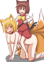 Rule 34 | 2girls, adne8310, all fours, animal ears, barefoot, bdsm, blonde hair, blush, breasts, brown eyes, brown hair, cat ears, cat girl, cat tail, chain, chen, clothed female nude female, collar, female focus, femdom, fox ears, fox tail, huge breasts, multiple girls, multiple tails, nipples, nude, open mouth, pet play, pony play, red eyes, riding, sitting, sitting on person, sketch, smile, tail, tongue, touhou, yakumo ran, yellow eyes