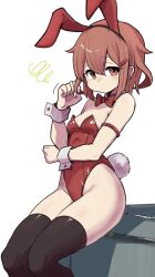 1girl animal_ears black_thighhighs blush brown_eyes brown_hair covered_navel desk detached_collar fake_animal_ears hair_between_eyes hair_ornament hairclip highres ikazuchi_(kancolle) kantai_collection leotard looking_at_viewer on_desk open_mouth playboy_bunny rabbit_ears red_leotard revision short_hair sitting solo strapless strapless_leotard sweatdrop thighhighs unagiman wrist_cuffs