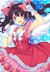 Rule 34 | 1girl, black hair, bow, brown eyes, choker, collarbone, criis-chan, dress, gloves, hair bow, holding, holding microphone, long hair, looking at viewer, love live!, love live! school idol festival, love live! school idol project, microphone, open mouth, red bow, red dress, sleeveless, sleeveless dress, solo, striped clothes, striped thighhighs, thighhighs, twintails, vertical-striped clothes, vertical-striped thighhighs, watermark, web address, white gloves, white neckwear, white wings, wings, yazawa nico