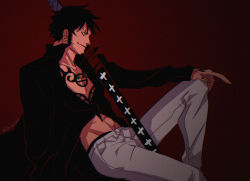 Rule 34 | 1boy, black coat, black hair, chest tattoo, coat, earrings, eeju, from side, hand on own knee, highres, jewelry, knee up, long sleeves, male focus, muscular, muscular male, one piece, open clothes, open coat, pants, reclining, red background, sheath, sheathed, short hair, sitting, smirk, solo, sword, tattoo, trafalgar law, unbuttoned, weapon, white pants