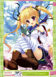 Rule 34 | 1girl, :d, absurdres, backpack, bag, blonde hair, blue skirt, blue sky, boots, cherry blossoms, cloud, day, hat, highres, light rays, long hair, long sleeves, mikeou, open mouth, original, purple eyes, randoseru, school uniform, shirt, skirt, sky, smile, solo, striped clothes, striped thighhighs, sunbeam, sunlight, swing, thighhighs, twintails, white shirt