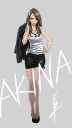 Rule 34 | 1girl, artist name, black footwear, black jacket, brown eyes, brown hair, camisole, character name, closed mouth, commentary request, full body, grey background, hand on own hip, high heels, holding, holding clothes, holding jacket, ikeda (hayato), jacket, jacket over shoulder, unworn jacket, jewelry, legs, light smile, lips, long hair, looking at viewer, miniskirt, nail polish, necklace, original, pencil skirt, red nails, shirt, side slit, signature, simple background, skirt, solo, standing, swept bangs, white shirt