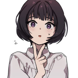 Rule 34 | 1girl, black hair, blush, bob cut, collared shirt, flying sweatdrops, hand up, light smile, long sleeves, looking at viewer, lowres, mikami kaho, nana 0253, portrait, purple eyes, shirt, short hair, simple background, solo, v, white background, white shirt, world trigger