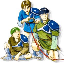 Rule 34 | 3boys, armor, artist request, blue hair, blue shirt, breastplate, brown hair, brown shirt, fire emblem, fire emblem gaiden, gray (fire emblem), green hair, green shirt, holding, holding weapon, kliff (fire emblem), looking to the side, multiple boys, nintendo, official art, on one knee, open mouth, pauldrons, pointing, shadow, shirt, shoulder armor, single pauldron, sitting, standing, tobin (fire emblem), weapon