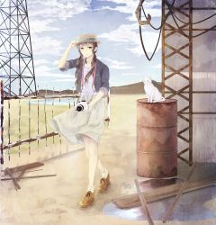 Rule 34 | 1girl, adjusting clothes, adjusting headwear, bad id, bad pixiv id, barrel, brown hair, building, camera, cat, cloud, cloudy sky, day, drum (container), fence, full body, hat, highres, looking at viewer, md5 mismatch, original, parted lips, plank, puddle, rust, shoes, skirt, sky, solo, transmission tower, twintails, walking, white cat, winter urei, yellow eyes