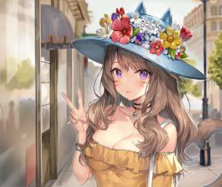 Rule 34 | 1girl, animal ears, animal hat, bag, bare shoulders, black choker, blurry, blurry background, blush, bracelet, breasts, brown hair, cat ears, cat girl, cat hat, cat tail, choker, cleavage, collarbone, commentary request, depth of field, facial mark, final fantasy, final fantasy xiv, fingernails, flower, hand up, hat, hat flower, jewelry, large breasts, long hair, looking at viewer, miqo&#039;te, momoko (momopoco), nail polish, off-shoulder shirt, off shoulder, orange shirt, outdoors, parted lips, pendant, pink nails, purple eyes, purple flower, red flower, revision, shirt, shoulder bag, sidelocks, slit pupils, smile, solo, sun hat, tail, upper body, v, warrior of light (ff14), white flower, yellow flower