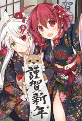 Rule 34 | 2girls, blonde hair, braid, braiding hair, closed mouth, commentary, crown braid, dog, flower, hair between eyes, hair flower, hair ornament, hairdressing, happy new year, heterochromia, highres, japanese clothes, kimono, looking at viewer, moai21, multiple girls, new year, open mouth, original, red eyes, red hair, translation request, window