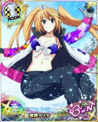 Rule 34 | 1girl, bikini, bikini top only, blush, breasts, card (medium), character name, chess piece, closed mouth, high school dxd, large breasts, long hair, looking at viewer, navel, official art, orange hair, purple eyes, rook (chess), shidou irina, solo, swimsuit, trading card, twintails, very long hair