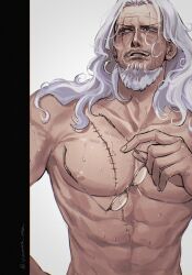 Rule 34 | 1boy, abs, absurdres, bara, beard, unworn eyewear, facial hair, from below, glasses, highres, holding, holding removed eyewear, large pectorals, long hair, looking to the side, male focus, mature male, muscular, muscular male, mustache, nipples, nude, old, old man, one piece, pectorals, round eyewear, scar, scar across eye, silvers rayleigh, solo, stomach, sweat, vamos mk, white hair, wrinkled skin