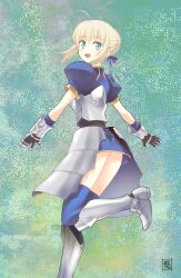 Rule 34 | 1girl, :d, absurdres, ahoge, armor, armored boots, armored dress, artist name, artoria pendragon (all), artoria pendragon (fate), ass, blonde hair, blue dress, blue gloves, blue thighhighs, blush stickers, boots, braid, braided bun, breastplate, commentary, dress, fate/grand order, fate (series), floating hair, foot out of frame, foot up, french braid, from behind, gauntlets, gloves, green background, green eyes, hair bun, hair ribbon, hair up, highres, kikumaru bunta, looking at viewer, looking back, open mouth, puffy short sleeves, puffy sleeves, purple ribbon, ribbon, running, saber (fate), short dress, short sleeves, sidelocks, signature, single hair bun, smile, solo, thighhighs, translated