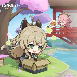 Rule 34 | 2girls, absurdres, ahoge, blue sky, blurry, blurry background, box, bridal gauntlets, building, cardboard box, cat tail, cherry blossoms, chibi, closed eyes, commentary, copyright name, day, dot nose, english commentary, fang, genshin impact, green eyes, hair between eyes, hair ornament, hairclip, highres, japanese clothes, kirara (genshin impact), light brown hair, long hair, multiple girls, multiple tails, official art, open mouth, outdoors, petals, pink hair, sky, slit pupils, spoken food, tail, tree, very long hair, water, x hair ornament, yae miko