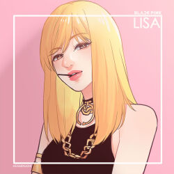 Rule 34 | 1girl, akamenashi, armlet, blackpink, blonde hair, candy, choker, close-up, commentary, english commentary, food, highres, jewelry, lisa (blackpink), looking at viewer, medium hair, necklace, pink background, pink lips, simple background, solo, square, yellow eyes