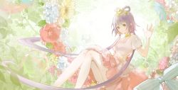 Rule 34 | 1girl, blue flower, bubble, commentary, dress, earrings, flower, green eyes, hair rings, hand up, highres, jewelry, long hair, looking at viewer, luo tianyi, miqing, necklace, pink skirt, purple hair, red flower, sitting, skirt, smile, solo, tiara, twintails, very long hair, vocaloid, vsinger, waving, white dress, yellow flower