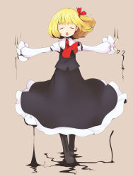 Rule 34 | 1girl, ascot, blonde hair, boots, cross-laced footwear, darkness, embodiment of scarlet devil, closed eyes, female focus, hair ribbon, highres, lace-up boots, musashino udon, open mouth, outstretched arms, ribbon, rumia, solo, spread arms, touhou