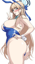 Rule 34 | 1girl, animal ears, aqua bow, aqua bowtie, ass, bare arms, bare shoulders, blonde hair, blue archive, blue eyes, blue hairband, blue leotard, blush, bow, bowtie, breasts, commentary, detached collar, english commentary, fake animal ears, fake tail, hairband, halo, hand up, hella p, highres, large breasts, leotard, long hair, looking at viewer, parted lips, playboy bunny, rabbit ears, rabbit tail, simple background, solo, tail, thighs, toki (blue archive), toki (bunny) (blue archive), v, white background, wrist cuffs