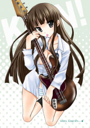 Rule 34 | 00s, 1girl, akiyama mio, bass guitar, breasts, cleavage, female focus, full body, instrument, k-on!, large breasts, open clothes, open shirt, panties, saiya, shirt, solo, underwear