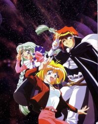 1990s_(style) 1boy 2girls apron aqua_hair black_cape black_hairband blonde_hair blue_eyes braid canal_vorfeed cape dress facial_mark forehead_mark frilled_apron frills hairband highres jacket kane_blueriver long_hair long_sleeves lost_universe maid_apron millennium_feria_nocturne multiple_girls official_art open_mouth orange_hair pink_dress puffy_long_sleeves puffy_sleeves purple_eyes red_jacket retro_artstyle short_hair twin_braids very_long_hair white_apron