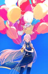 Rule 34 | 1girl, ^ ^, balloon, black thighhighs, blue sky, closed eyes, detached sleeves, emon (maguro03 ice), hands up, headset, highres, holding, holding balloon, long hair, long skirt, megurine luka, outdoors, pink hair, side slit, simple background, single detached sleeve, skirt, sky, smile, solo, thighhighs, too many balloons, vocaloid