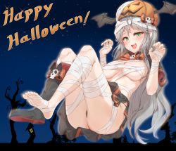 Rule 34 | 1girl, absurdres, bandages, barefoot, blush, boots, breasts, fang, feet, green eyes, halloween, highres, long hair, looking at viewer, open mouth, panties, pantyshot, pharamacom, shoes, silver hair, single shoe, soles, toes, underwear