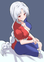 Rule 34 | 1girl, blue background, blush, braid, breasts, cleavage, dress, highres, long hair, looking at viewer, medium breasts, mukkushi, no headwear, own hands together, parted bangs, partially unbuttoned, puffy short sleeves, puffy sleeves, red eyes, short sleeves, silver hair, simple background, sitting, smile, solo, touhou, yagokoro eirin