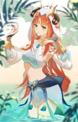 Rule 34 | 1girl, blue gemstone, blurry, blurry foreground, breasts, closed mouth, cowboy shot, crop top, day, flower, forehead jewel, gem, genshin impact, gold trim, green eyes, hands up, harem outfit, highres, horns, jewelry, kawausoman, leaf, legs together, long hair, long sleeves, navel, neck ring, nilou (genshin impact), outdoors, parted bangs, puffy long sleeves, puffy sleeves, red hair, signature, skirt, small breasts, smile, solo, standing, stomach, tassel, thighlet, twintails, vambraces, veil, vision (genshin impact), wading, water, white headdress