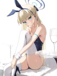 Rule 34 | 1girl, absurdres, animal ears, bare shoulders, blonde hair, blue archive, blue eyes, blue leotard, braid, breasts, cup, detached collar, drinking glass, fake animal ears, halo, hidulume, high heels, highres, leotard, long hair, looking at viewer, medium breasts, multicolored hair, official alternate costume, playboy bunny, rabbit ears, strapless, strapless leotard, streaked hair, thighhighs, thighs, toki (blue archive), toki (bunny) (blue archive), very long hair, white thighhighs, wine glass, wrist cuffs