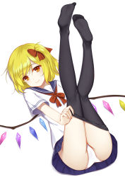 Rule 34 | 1girl, alternate costume, black pantyhose, blonde hair, blue skirt, bow, closed mouth, clothes pull, feet, flan (seeyouflan), flandre scarlet, full body, hair bow, half-closed eyes, highres, legs up, looking at viewer, miniskirt, no shoes, panties, pantyhose, pantyhose pull, pulled by self, red bow, red eyes, sailor collar, school uniform, serafuku, short sleeves, simple background, skirt, smile, soles, solo, tareme, toes, touhou, underwear, white background, white panties, wings