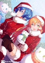 Rule 34 | 2girls, amiami (company), amico, black thighhighs, blue eyes, blue hair, blush, boots, breasts, breath, christmas, coat, fur trim, gloves, gradient hair, green eyes, hair between eyes, hair ornament, hat, highres, holding, holding snowman, lilco, long sleeves, looking at viewer, medium breasts, multicolored hair, multiple girls, official art, open mouth, orange hair, outdoors, parted lips, red coat, red footwear, santa hat, short twintails, sitting, snow, snowing, snowman, thighhighs, twintails, white gloves, yumekui