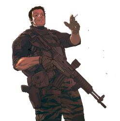 Rule 34 | 1boy, between fingers, black hair, black shirt, brown gloves, camouflage, camouflage pants, cigarette, commentary, facial hair, gloves, gun, highres, holding, holding cigarette, holding gun, holding weapon, looking at viewer, male focus, maxturbo69, original, pants, parted lips, shirt, short sleeves, simple background, solo, south korean flag, standing, stubble, symbol-only commentary, weapon, white background