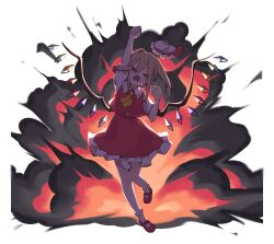Rule 34 | &gt; &lt;, 1girl, arm up, clenched hands, commentary, explosion, flandre scarlet, full body, garasuno, hand up, hat, highres, mob cap, neck ribbon, open mouth, pink hat, red shirt, red skirt, ribbon, shirt, skirt, solo, touhou, wings, yellow ribbon