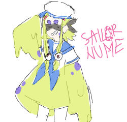 Rule 34 | 1girl, blindfold, digimon, female focus, hat, numemon, personification, red eyes, sailor, smile, solo