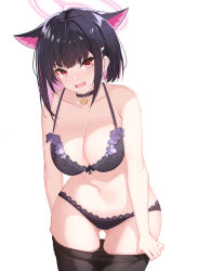 Rule 34 | 1girl, absurdres, animal ears, black hair, blue archive, blush, breasts, cat ears, collarbone, halo, highres, kazusa (blue archive), large breasts, looking at viewer, navel, red eyes, short hair, solo, thighs, underwear, yuruto