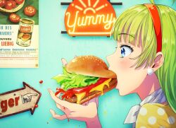 Rule 34 | 1girl, ahoge, arrow (symbol), blue background, blue eyes, blunt bangs, burger, cheese, commentary, earrings, eating, english commentary, english text, eyelashes, food, from side, gleam, green hair, grey scarf, hairband, highres, holding, holding burger, holding food, idolmaster, idolmaster million live!, indoors, jewelry, ketchup, lettuce, long hair, looking at food, mustard, polka dot, polka dot shirt, polka dot sleeves, poster (object), red hairband, scarf, sesame seeds, shimabara elena, shirt, solo, sphere earrings, striped clothes, striped scarf, tomato, tomato slice, two-tone scarf, upper body, white scarf, witoi (roa), yellow shirt, yellow sleeves