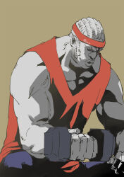 Rule 34 | 1boy, bleach, bleach: sennen kessen-hen, exercising, fangs, hairband, headband, highres, holding, holding dumbbell, jerome guizbatt, kubo tite, male focus, muscular, muscular male, official alternate costume, official art, pants, partially colored, red hairband, red tank top, short hair, sitting, solo, sportswear, tank top, veins, weightlifting