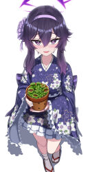 Rule 34 | 1girl, absurdres, bad id, bad twitter id, blue archive, blush, floral print, flower pot, frilled kimono, frills, geta, hair between eyes, hairband, halo, haruka (blue archive), haruka (new year) (blue archive), highres, holding, holding flower pot, japanese clothes, kimono, long hair, long sleeves, looking at viewer, official alternate costume, open mouth, plant, potted plant, purple eyes, purple hair, purple hairband, purple kimono, simple background, smile, solo, standing, tabi, venus flytrap, white background, wide sleeves, yakob labo