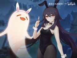 Rule 34 | 1girl, alternate costume, animal ears, bow, bowtie, breasts, brown hair, rabbit ears, cleavage, genshin impact, ghost, hu tao (genshin impact), leotard, looking at viewer, pantyhose, red eyes, small breasts, smile, solo, symbol-shaped pupils, thighs, third-party edit, twintails