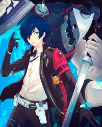 Rule 34 | 1boy, 1other, absurdres, aura, belt, black background, black gloves, black suit, blue eyes, blue hair, buttons, collared shirt, commentary, english commentary, eyelashes, fangs, formal, gloves, gun, hair over one eye, highres, holding, holding sword, holding weapon, male focus, persona, persona 3, persona 3 reload, shirt, short hair, skin fangs, standing, suit, sword, thanatos (persona), truejekart, weapon, white gloves, white shirt, yuuki makoto (persona 3)