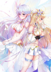 Rule 34 | 2girls, albion (azur lane), azur lane, back-to-back, bare shoulders, blonde hair, breast curtains, breasts, bridal garter, butterfly hair ornament, centaur (azur lane), cleavage, cleavage cutout, closed mouth, clothing cutout, cowboy shot, crop top, detached collar, detached sleeves, elf, flower, from side, gold trim, green eyes, hair flower, hair ornament, highres, holding, holding flower, imo bouya, jewelry, large breasts, light purple hair, lily (flower), long hair, long sleeves, looking at viewer, midriff, miniskirt, multiple girls, navel, pleated skirt, pointy ears, purple eyes, revealing clothes, simple background, single thighhigh, skirt, standing, thigh strap, thighhighs, underboob, very long hair, white background, white flower, white skirt