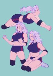 Rule 34 | 1girl, artist request, bike shorts, breasts, buruma, dorohedoro, earrings, gloves, gym shorts, highres, jewelry, knee pads, large breasts, long hair, looking at viewer, muscular, muscular female, navel, noi (dorohedoro), open mouth, red eyes, short shorts, shorts, simple background, sleeveless, smile, solo, sportswear, volleyball uniform, white hair