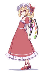 Rule 34 | 1girl, absurdres, adapted costume, back bow, blonde hair, bow, choker, collarbone, crystal, dress, flandre scarlet, flat chest, hat, high heels, highres, kame (kamepan44231), long dress, medium hair, mob cap, one-hour drawing challenge, one side up, red dress, red eyes, red footwear, simple background, solo, touhou, white background, white bow, white hat, wings