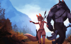 Rule 34 | 1boy, 1girl, abs, animal ears, armlet, axe, backlighting, belt, blue eyes, body fur, braid, cleft of venus, clothed male nude female, commentary, couple, day, earrings, einar (personal ami), english commentary, fantasy, flat chest, flintstone, forest, fox ears, fox tail, furry, furry male, furry with non-furry, gluteal fold, grey fur, height difference, highres, holding, holding axe, interspecies, jewelry, khiara (personal ami), light brown hair, long tail, monster boy, mountain, muscular, muscular male, nature, necklace, nude, orange eyes, original, pendant, personal ami, petite, pointing, pointing forward, polearm, pussy, sheath, sheathed, shield, short hair, snout, spear, sword, tail, thick thighs, thighs, tooth necklace, topless male, tribal, uncensored, vambraces, walking, weapon, weapon on back, werewolf, wide hips, wolf ears, wooden shield