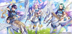 Rule 34 | 3girls, armor, belt, blue hair, breastplate, castle, circlet, closed mouth, cloud, cloudy sky, copyright name, day, dress, elbow gloves, farina (fire emblem), feathered wings, feathers, fiora (fire emblem), fire emblem, fire emblem: the blazing blade, fire emblem cipher, florina (fire emblem), gloves, gold, green eyes, headband, highres, holding, holding weapon, horns, light purple hair, long hair, looking at viewer, matsurika youko, multiple girls, nintendo, open mouth, outdoors, pegasus knight uniform (fire emblem), polearm, purple eyes, short dress, short hair, short sleeves, shoulder armor, shoulder pads, siblings, single horn, sisters, sky, smile, spear, sunlight, thighhighs, weapon, wings, zettai ryouiki