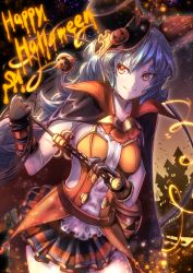 Rule 34 | &gt;:), 10s, 1girl, animal ears, belt, belt skirt, black gloves, blue hair, breasts, brown eyes, cape, closed mouth, cowboy shot, dress, erune, ferry (granblue fantasy), ferry (halloween) (granblue fantasy), gloves, granblue fantasy, halloween, halloween costume, happy halloween, hat, jack-o&#039;-lantern, long hair, looking at viewer, marusan, rabbit ears, sleeveless, small breasts, solo, top hat, v-shaped eyebrows, wavy hair, whip