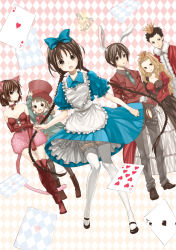 Rule 34 | 2boys, 4girls, alice (alice in wonderland), alice in wonderland, animal ears, bad id, bad pixiv id, blush, boots, braid, brown eyes, brown hair, card, cheshire cat (alice in wonderland), child, crown, dress, elbow gloves, floating card, gloves, hair ribbon, hat, highres, kumatani, legs, long hair, mad hatter (alice in wonderland), multiple boys, multiple girls, queen of hearts (alice in wonderland), rabbit ears, ribbon, tail, thigh boots, thighhighs, twin braids, very long hair, white rabbit (alice in wonderland), white thighhighs