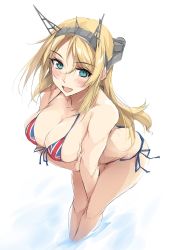 Rule 34 | 1girl, alternate costume, bare shoulders, bent over, between legs, bikini, blonde hair, blue eyes, blush, breasts, cleavage, collarbone, commentary request, flag print, front-tie top, full body, hair between eyes, hand between legs, headgear, highres, kantai collection, large breasts, leaning forward, long hair, looking at viewer, nelson (kancolle), open mouth, side-tie bikini bottom, simple background, smile, solo, standing, swimsuit, union jack, white background, zekkyon