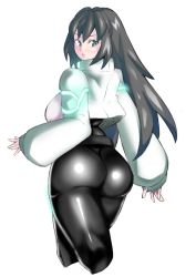 1girl aqua_eyes ass black_bodysuit black_hair blush bodysuit breasts from_behind gundam gundam_build_divers gundam_build_divers_re:rise impossible_clothes large_breasts lips long_hair looking_at_viewer looking_back may_(gundam_build_divers_re:rise) shrug_(clothing) solo standing suteakazuzuki