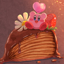 Rule 34 | blue eyes, blush stickers, cake, chocolate, crepe, flower, food, food focus, fruit, heart, kirby, kirby: star allies, kirby (series), miclot, mille-feuille, mille crepe, nintendo, no humans, open mouth, smile, strawberry, white flower