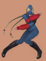 Rule 34 | 1girl, armband, bad id, bad pixiv id, blonde hair, boots, braid, decapre, fighting stance, fingerless gloves, full body, garrison cap, gloves, hat, knee boots, leotard, long hair, mask, necyda, pantyhose, pink background, red eyes, ribbed leotard, shoulder pads, solo, street fighter, twin braids